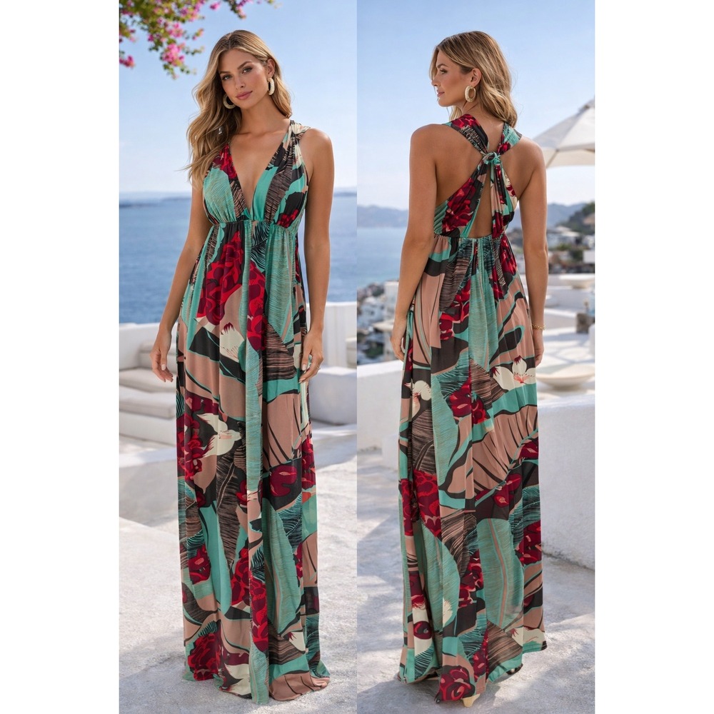 Development Erica Davies Maxi Dress 2 Teal Floral Tropical Halter V-Neck Resort‎